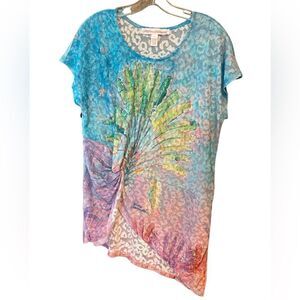 Leoma Lovegrove Sz M Blue Florida Travelers Palm Tree Shirt Sleeve Summer TShirt